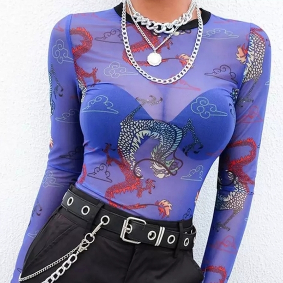 Mesh Dragon Long Sleeve Print 90s y2k style Top - Picture 6 of 14